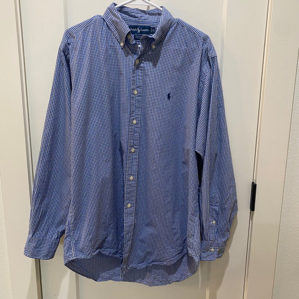Ralph Lauren Yarmouth Mens 16 34/35 Blue Gingham Check Cotton Button Down Shirt